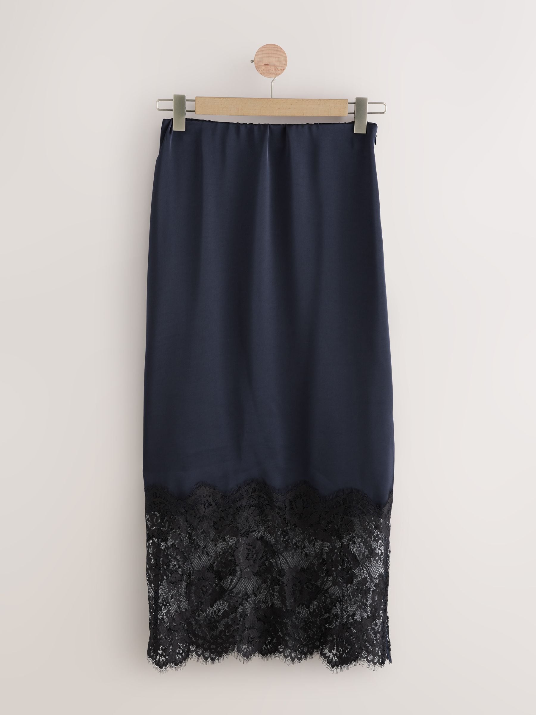 Navy Satin Midi Skirt With Lace Trim