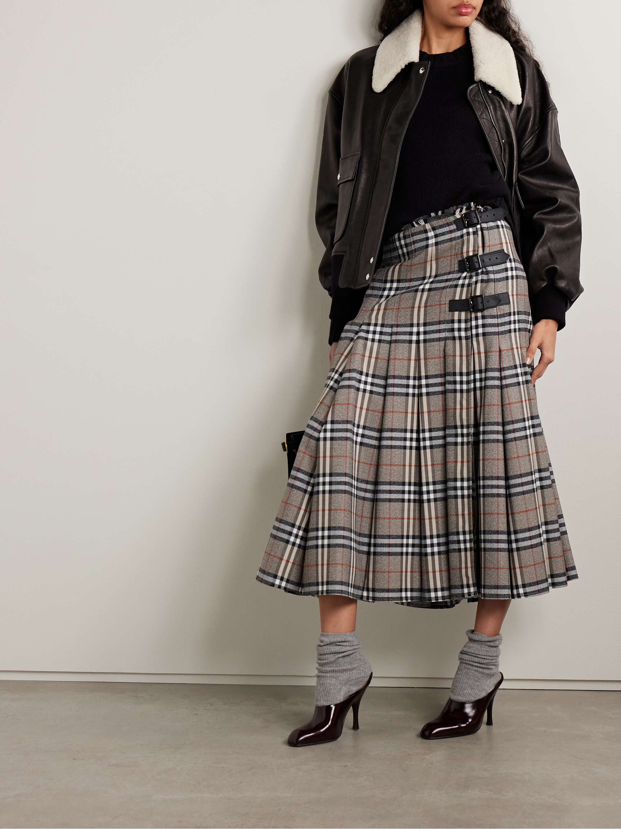 Leather-Trimmed Pleated Checked Wool Midi Skirt