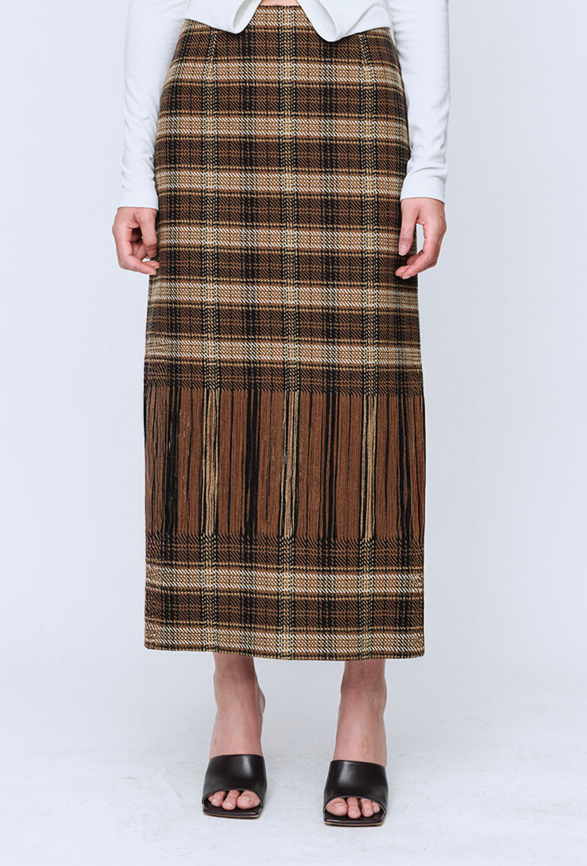 An image of a check brown skirt from Wynn Hamlyn.