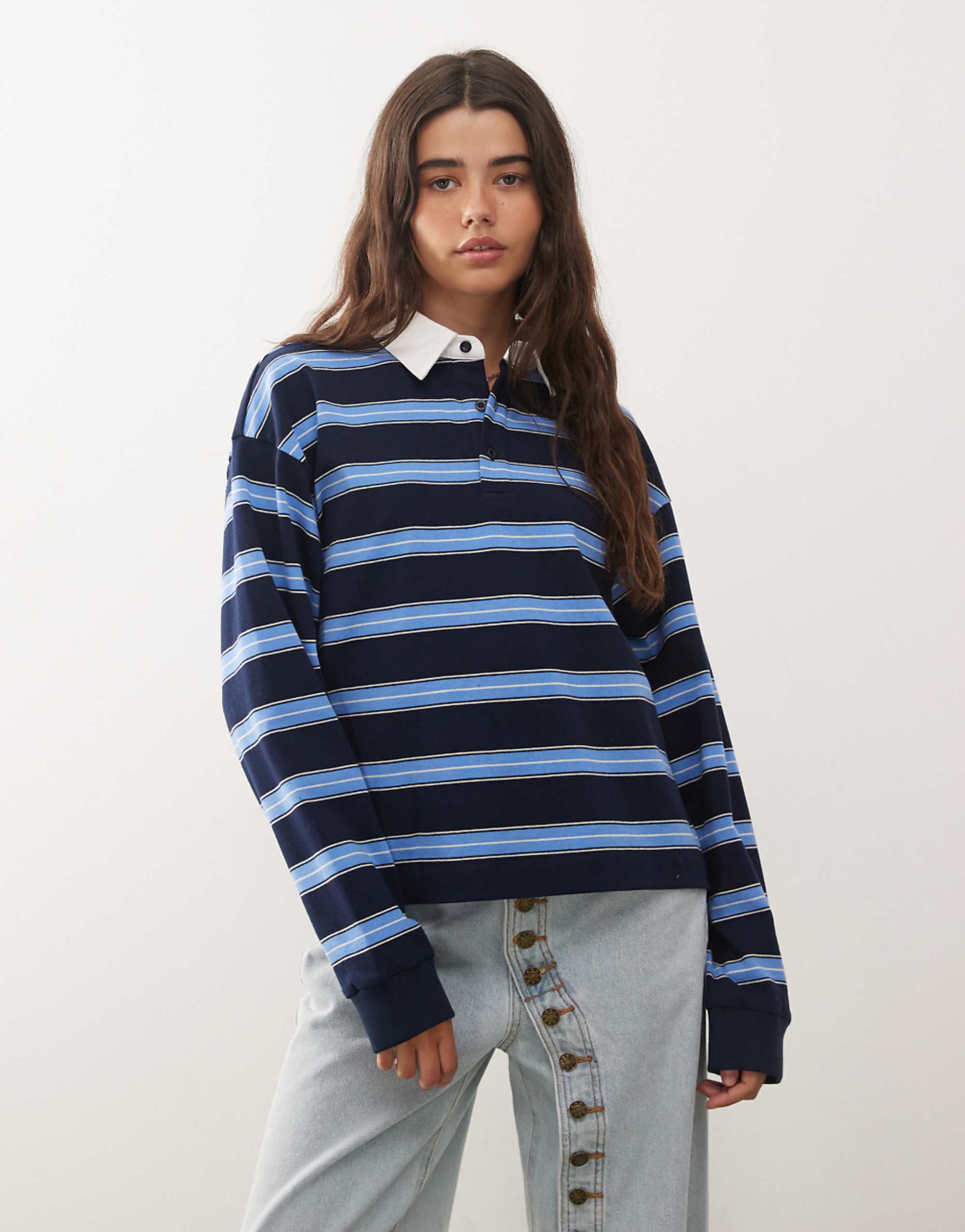 Lioness Countryside Contrast Collar Detail Cuffed Oversized Jersey Top in Blue Stripe