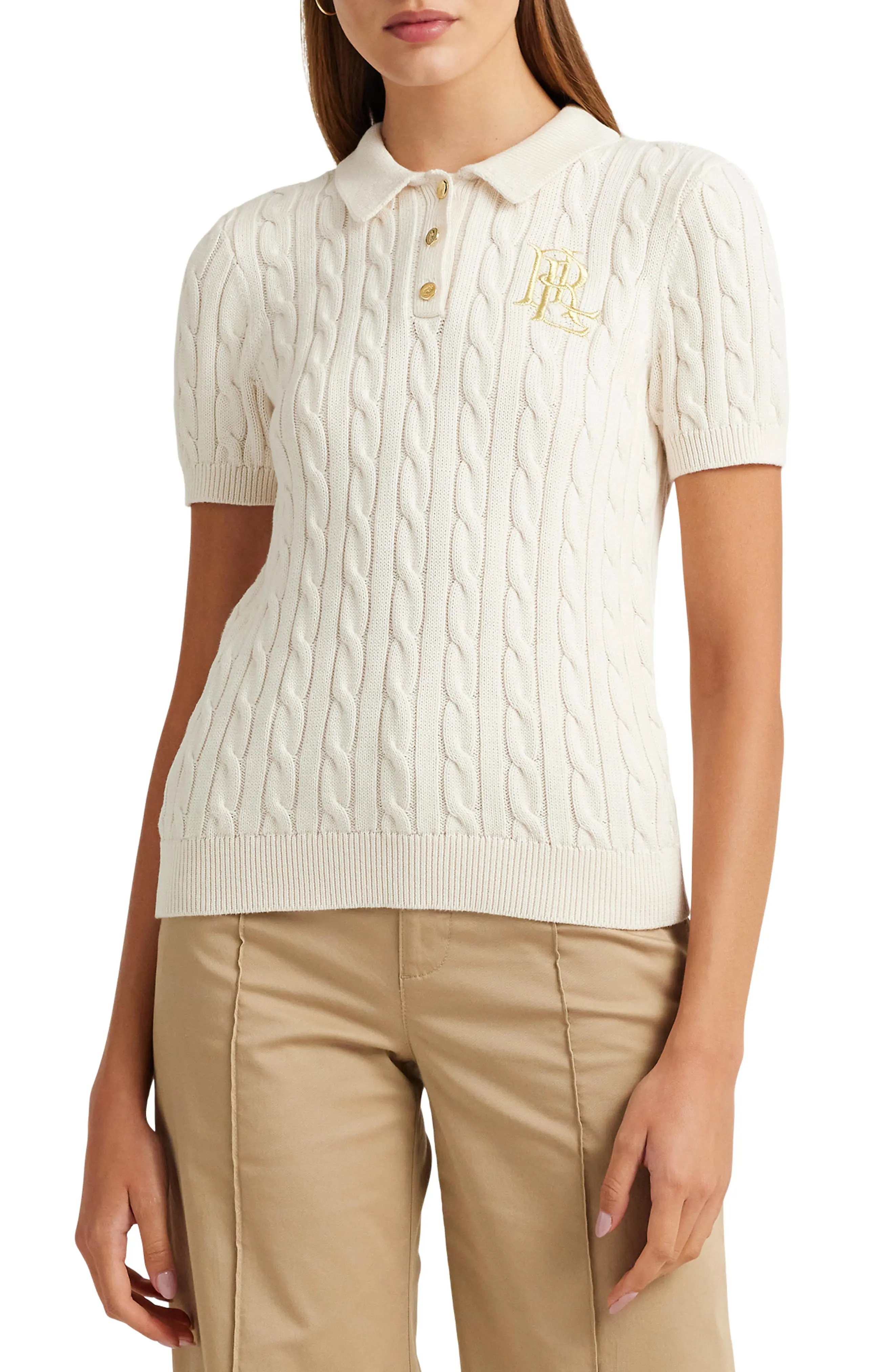 Lauren Ralph Lauren, Cable Knit Cotton Polo Sweater