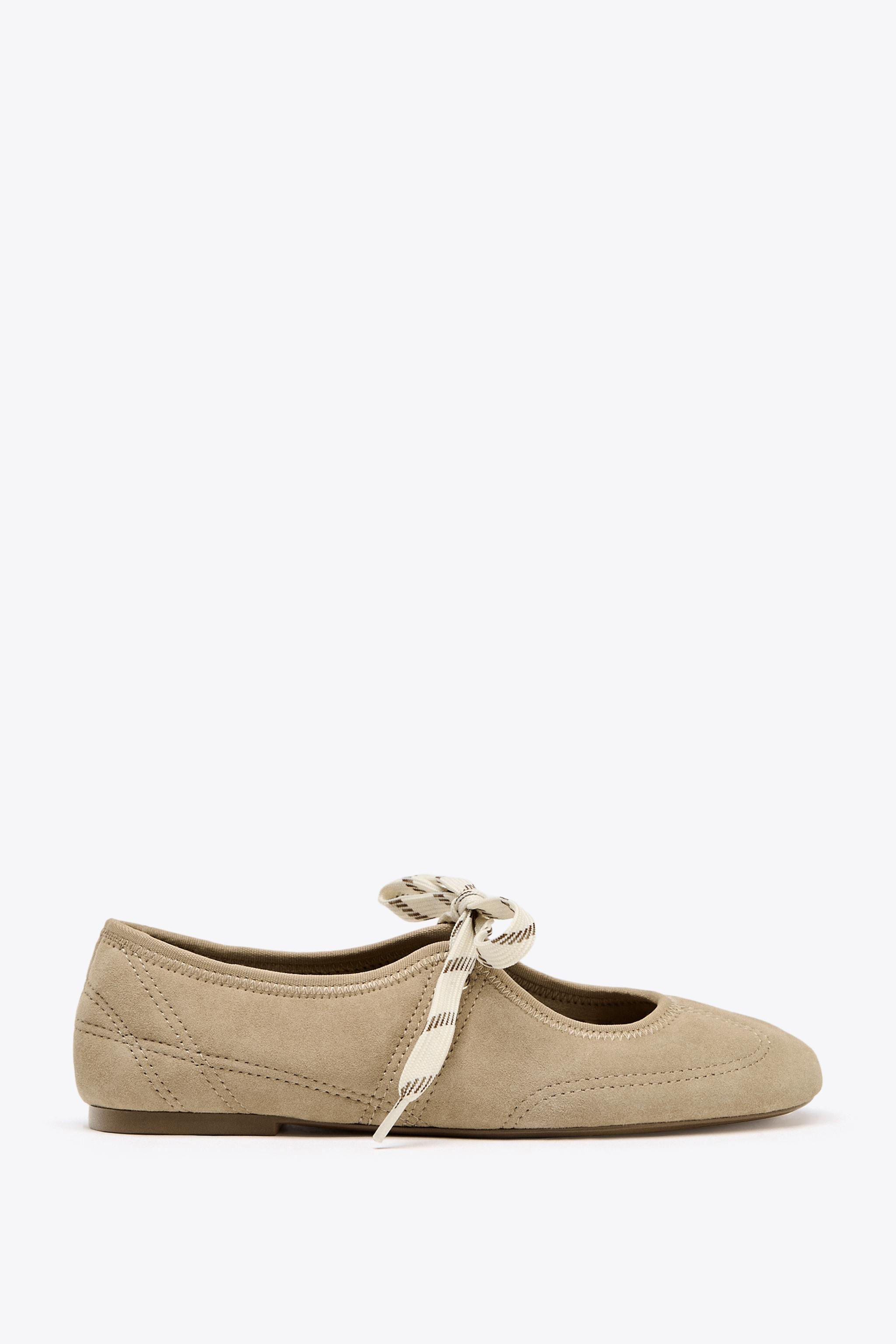 Split Leather Lace-Up Ballet Flats