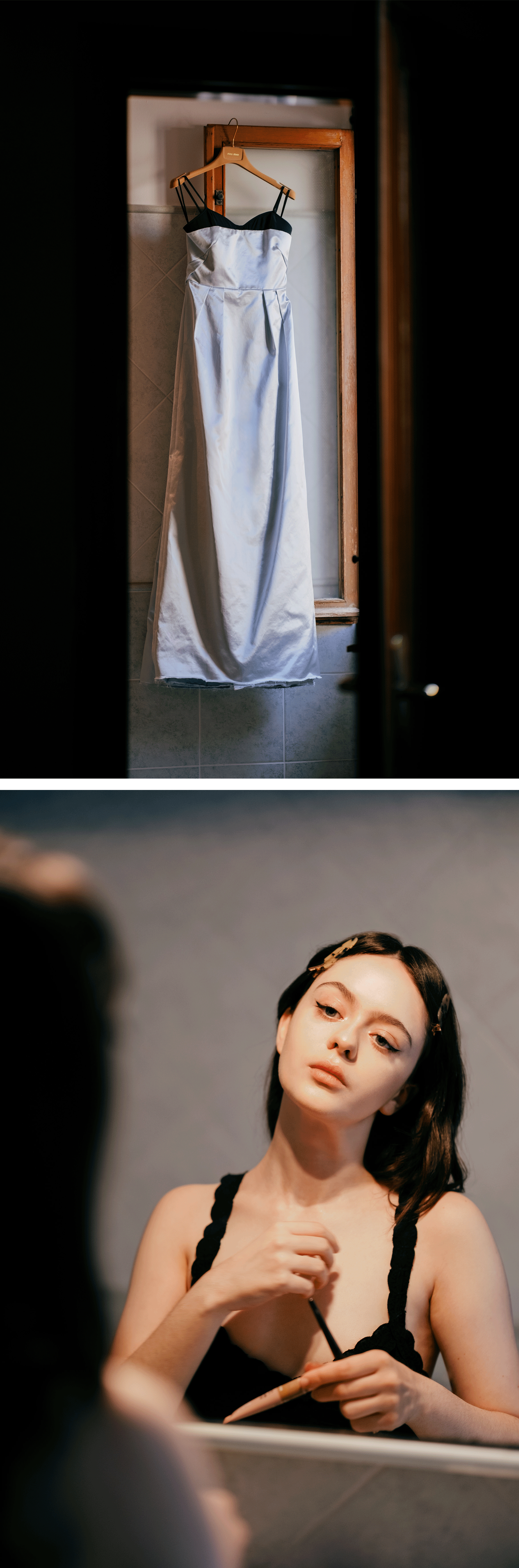 Top: Images of Viola Prettejohn's Miu Miu gown on a hanger and her Miu Miu clutch sitting on a chair. Bottom: Viola Prettejohn does her own makeup for the premiere of The Testament of Ann Lee.