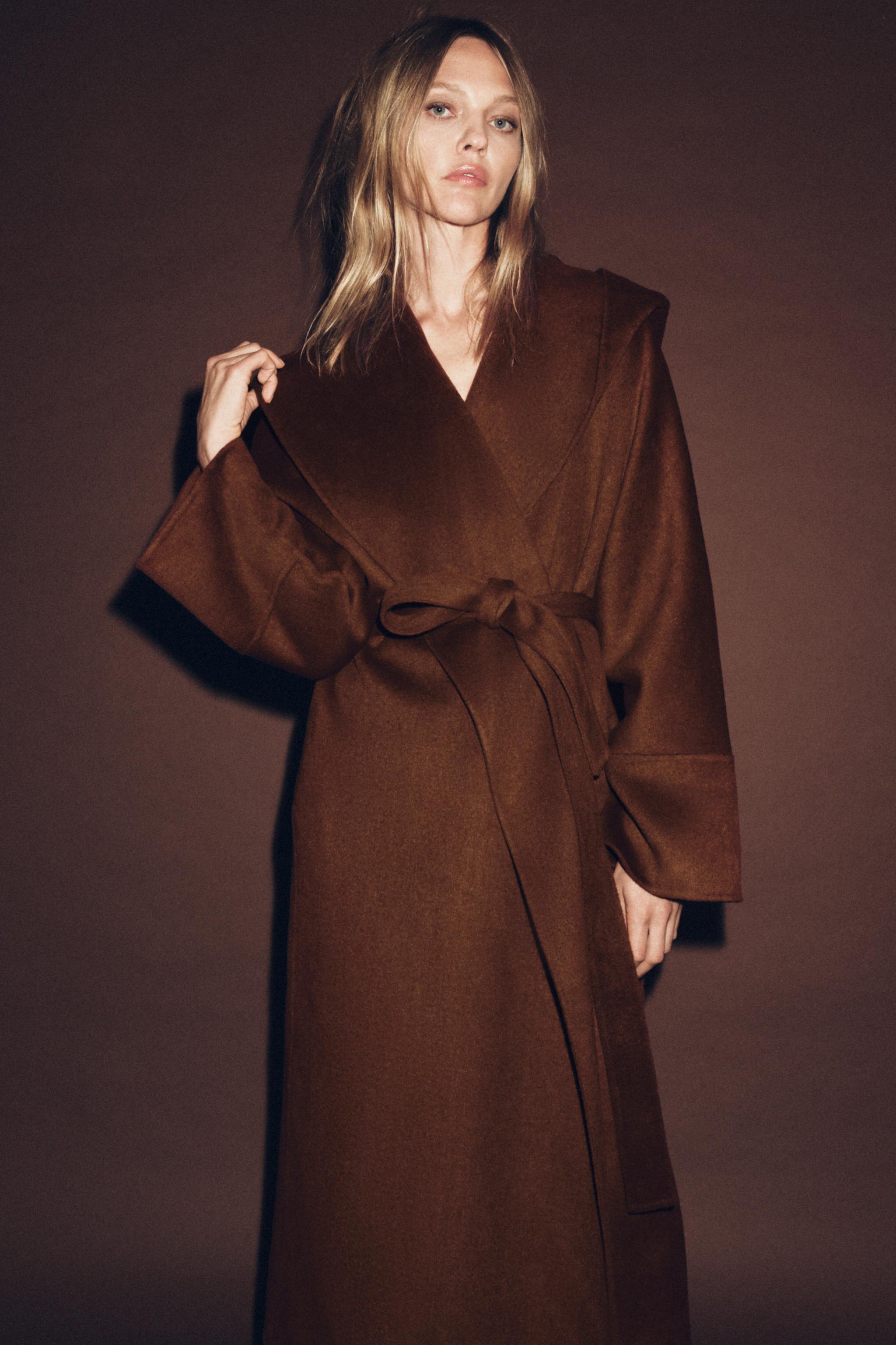 Long Belted Coat With Wool Zw Collection Limited Edition