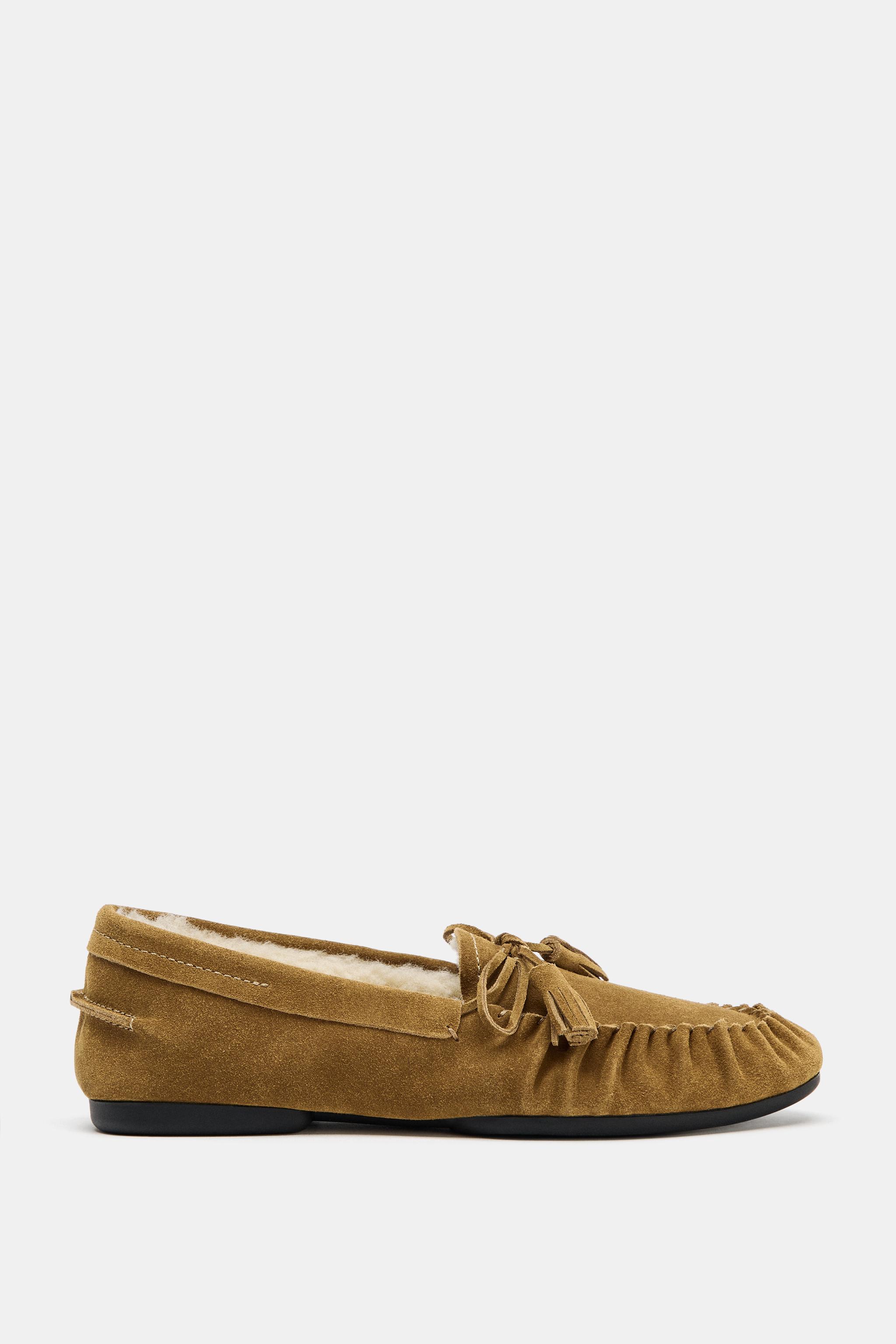 Split Suede Loafers With Faux Shearling