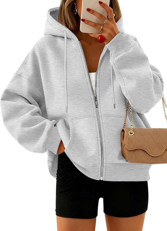 Trendy Queen, Trendy Queen Zip Up Hoodies for Women Oversized Sweatshirts Fall Fashion Outfits 2025 Cropped Pullover Sweaters Y2k Fleece Jackets Comfy Gym Tops Teen Girls Clothes Grey M