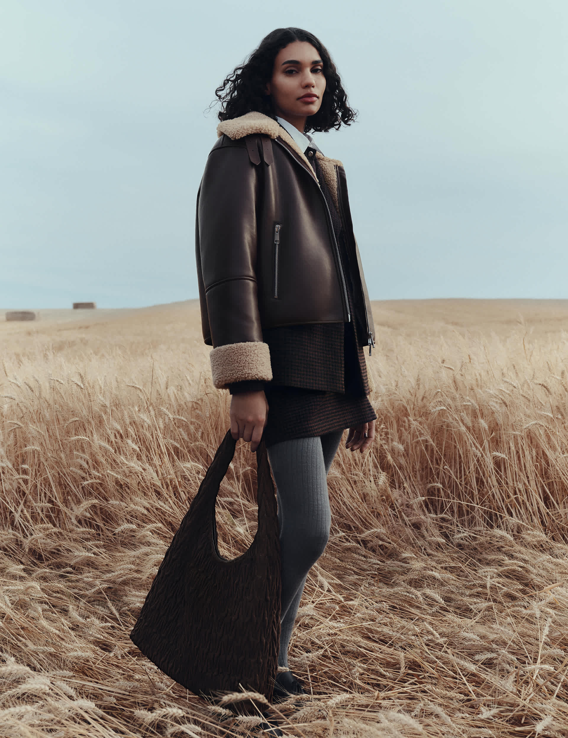 Faux Shearling Buckle Detail Aviator Jacket