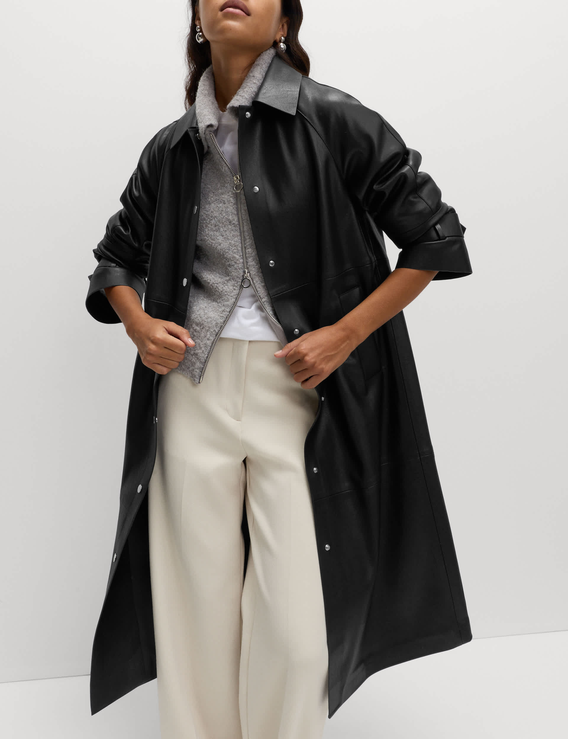 Faux Leather Collared Longline Car Coat