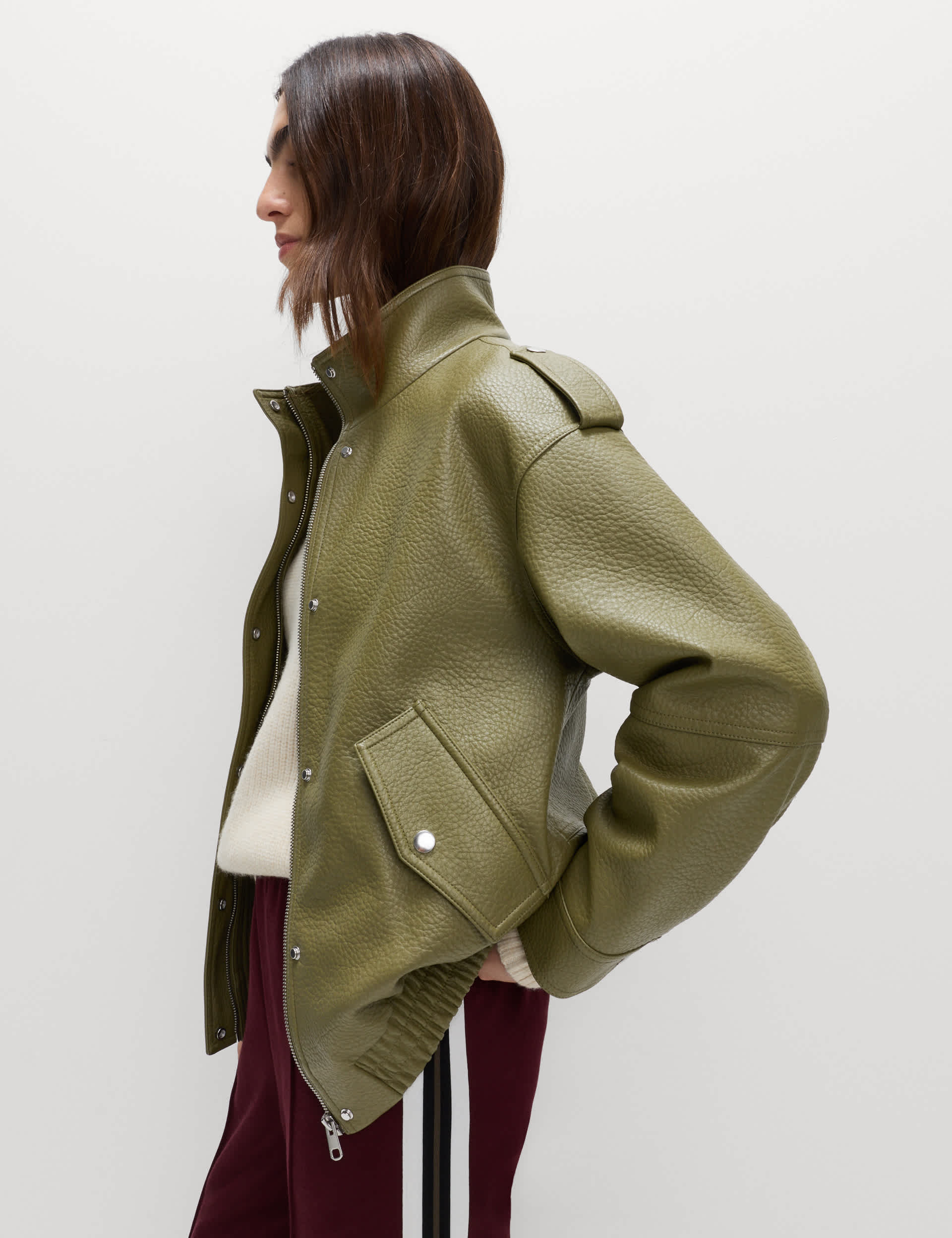 Faux Leather Textured Longline Bomber Jacket