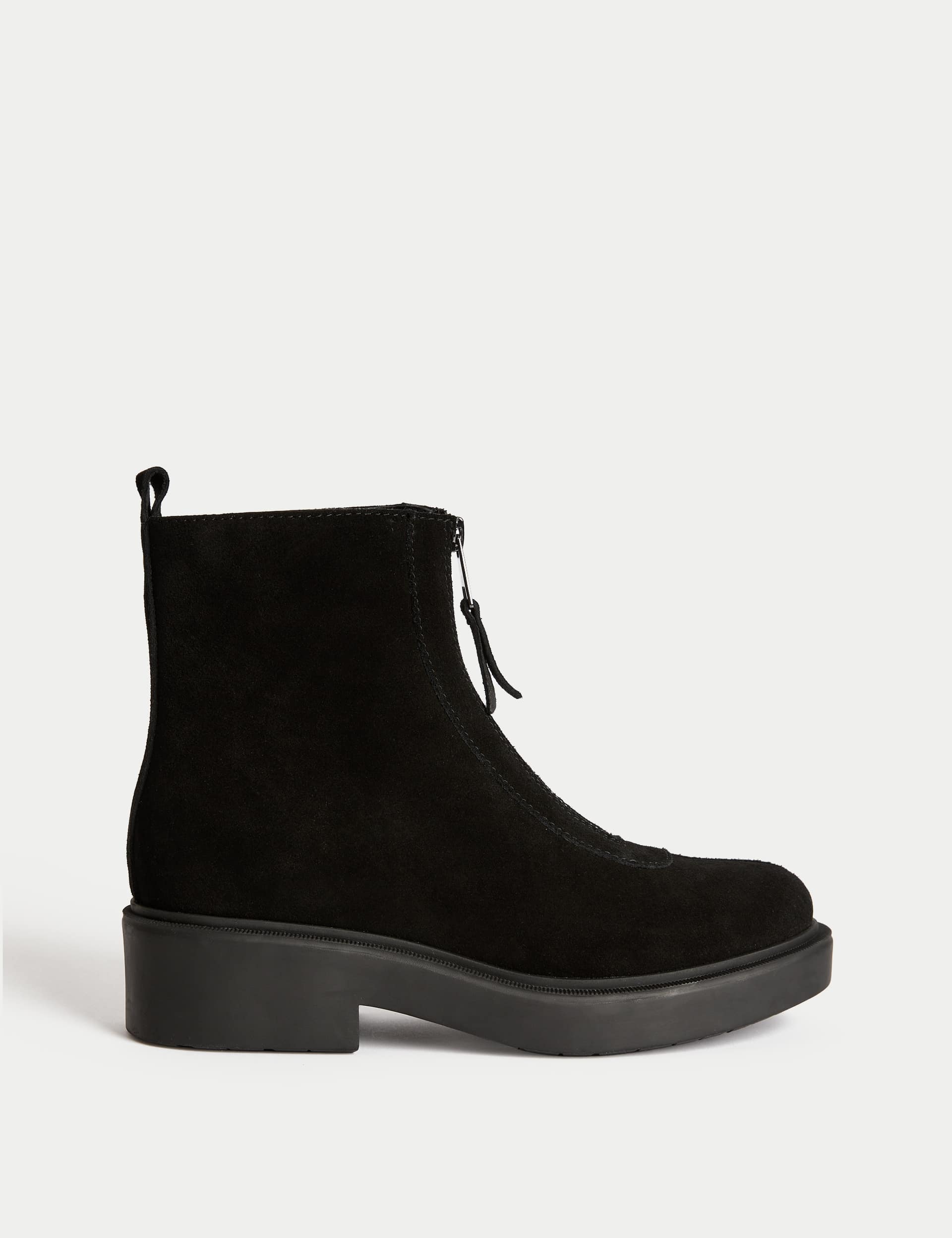 Suede Front Zip Block Heel Ankle Boots