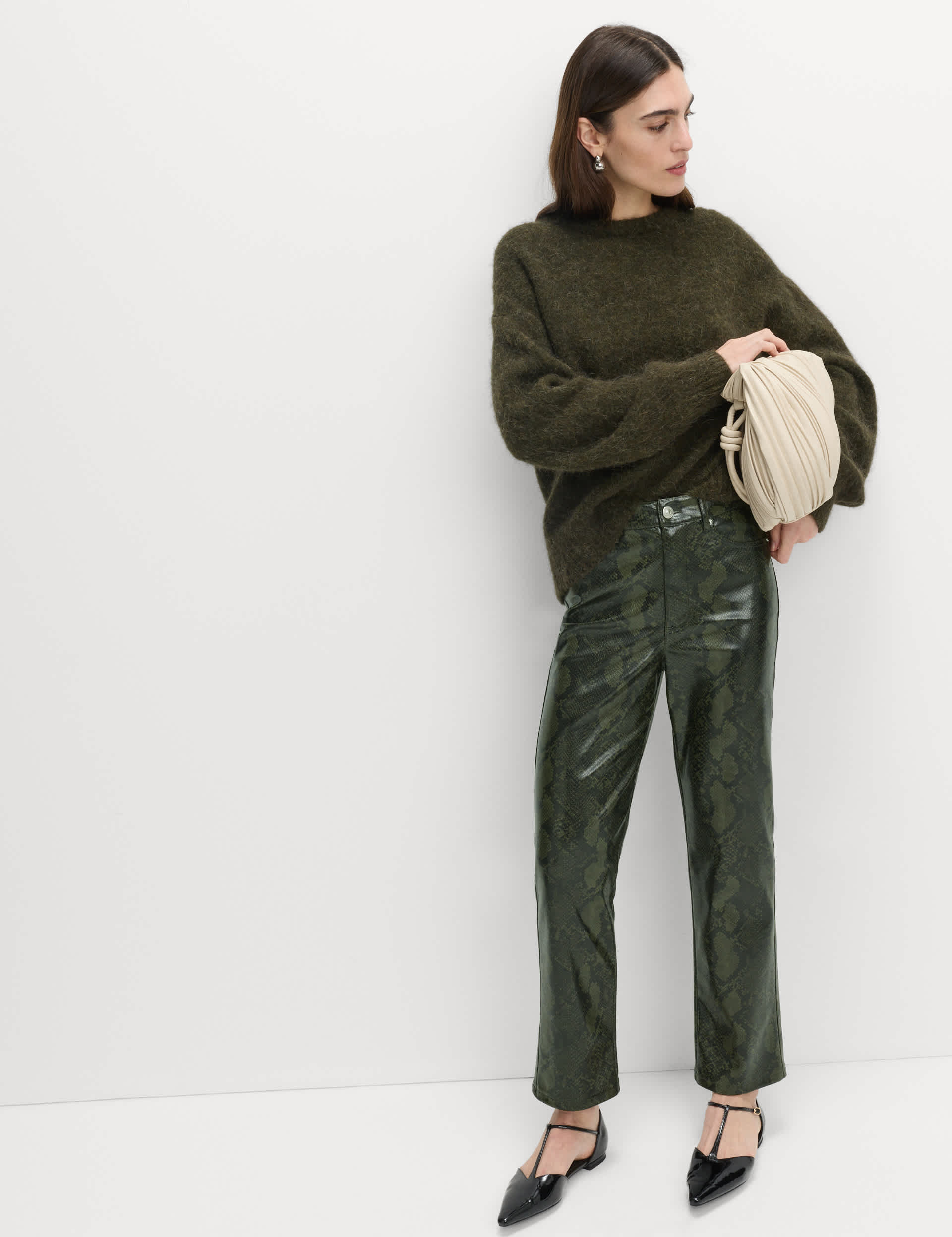 Faux Leather Snake Print Straight Leg Trousers