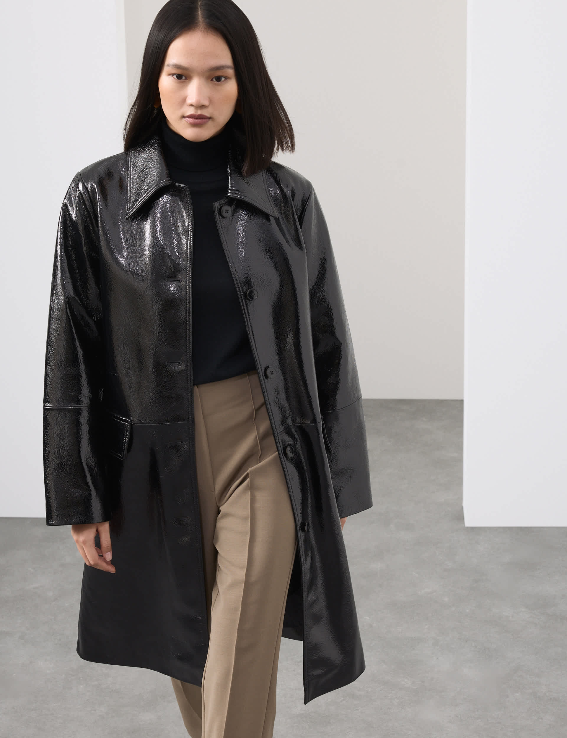 Leather Patent Crackle Longline Car Coat