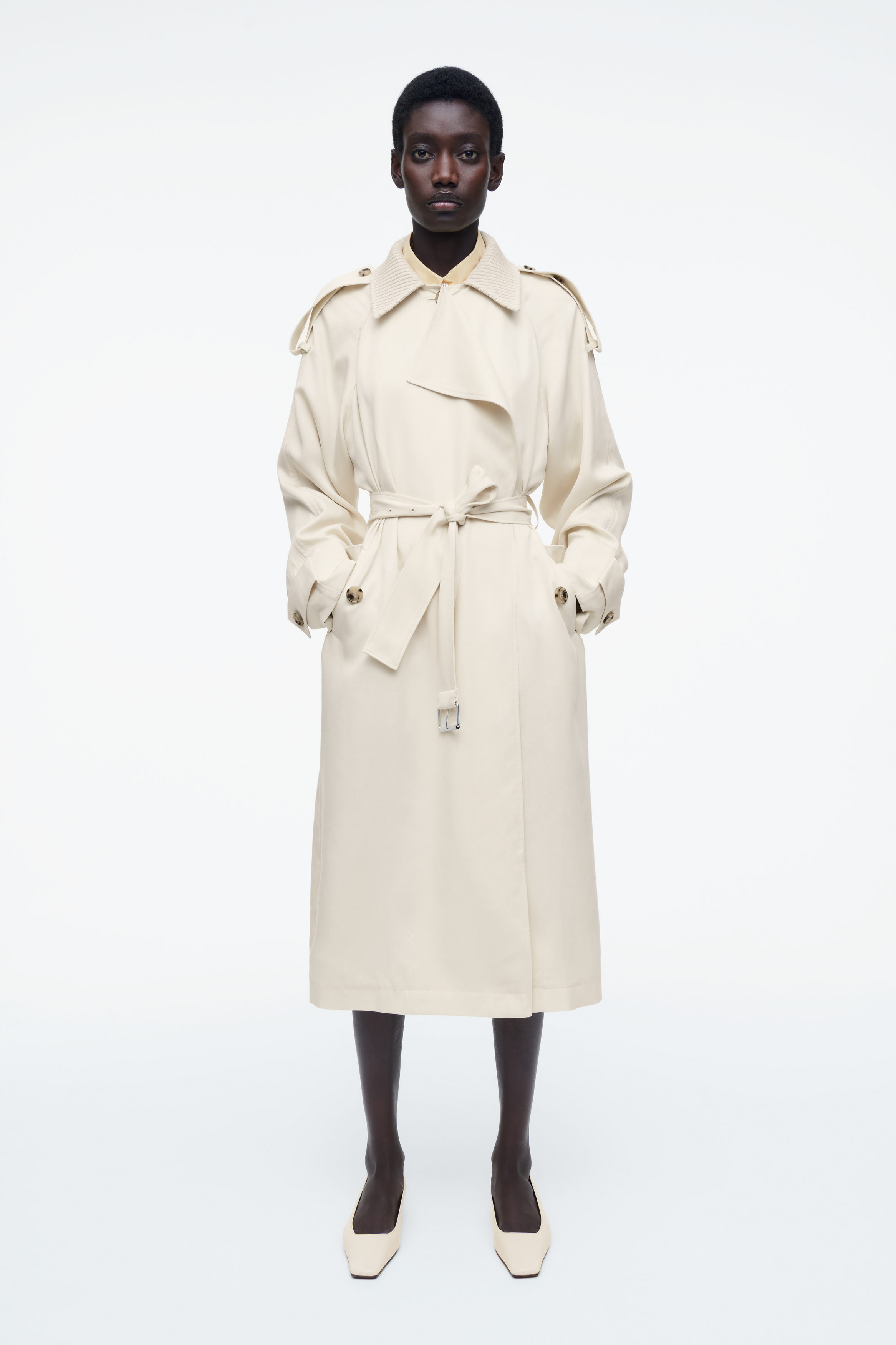 Knitted-Collar Trench Coat