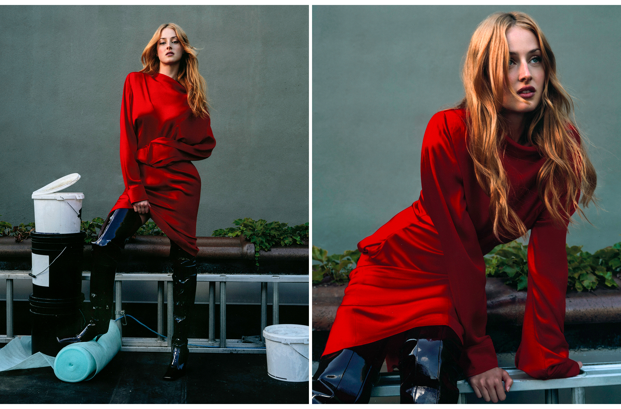 Anna Van Patten wears a red dress with patent-leather black knee-high boots.