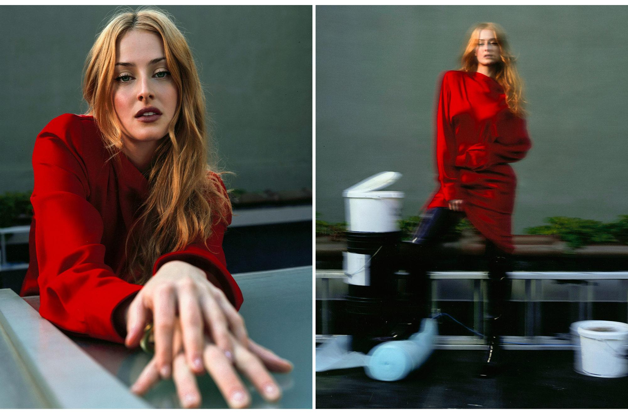 Anna Van Patten wears a red dress with black knee-high boots.