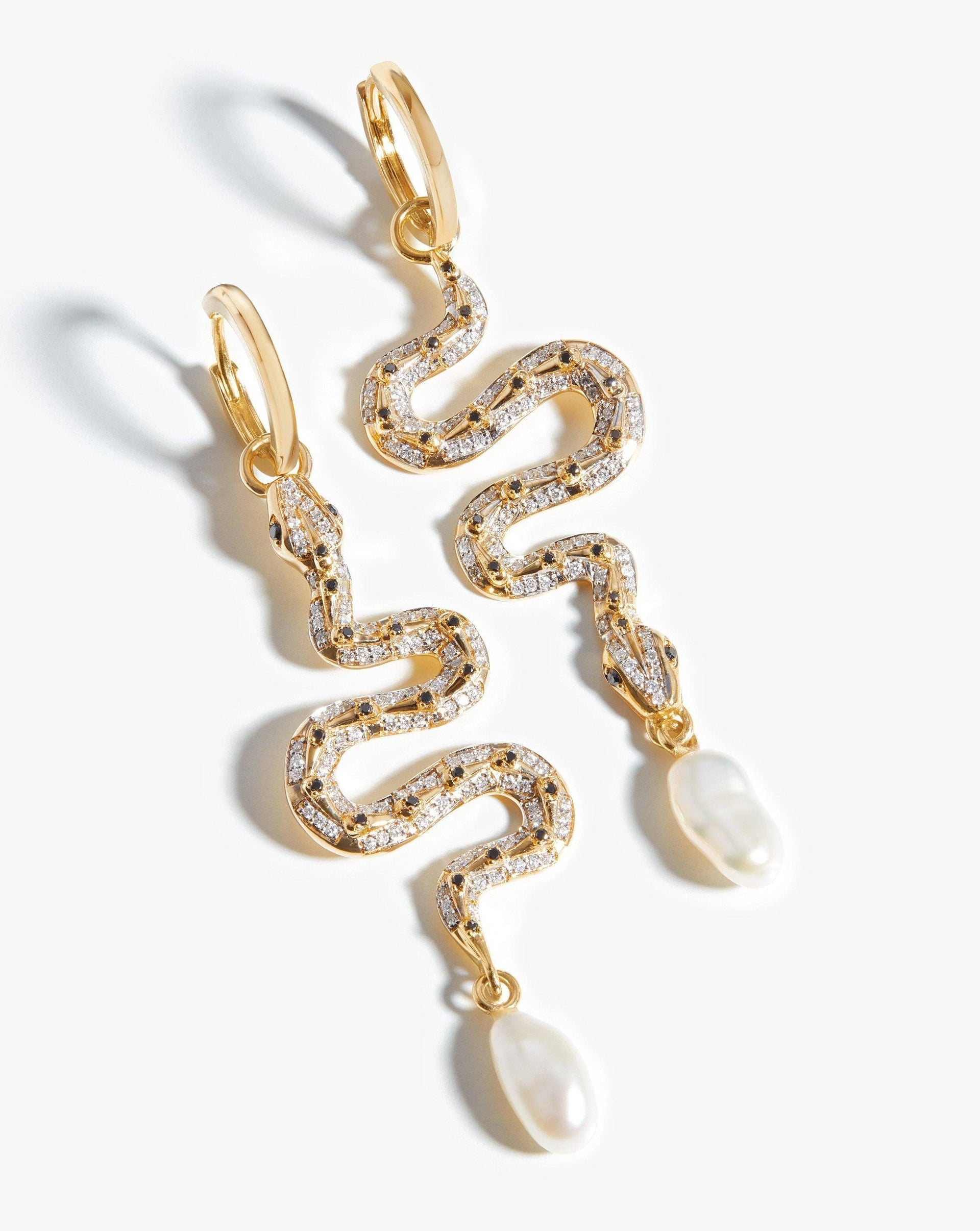 Harris Reed Fine Serpent Drop Earrings | 14ct Solid Gold/pearl &amp;amp; Diamond - 14ct Solid Gold/pearl &amp;amp; Diamond