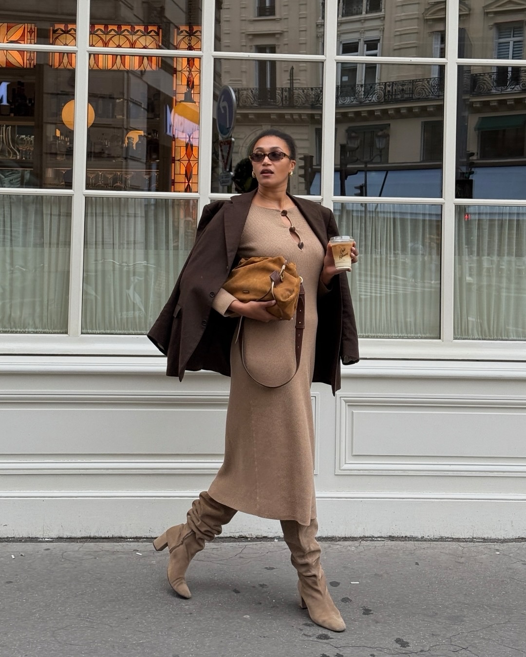 L&amp;eacute;na Farouil wearing brown slouchy boots