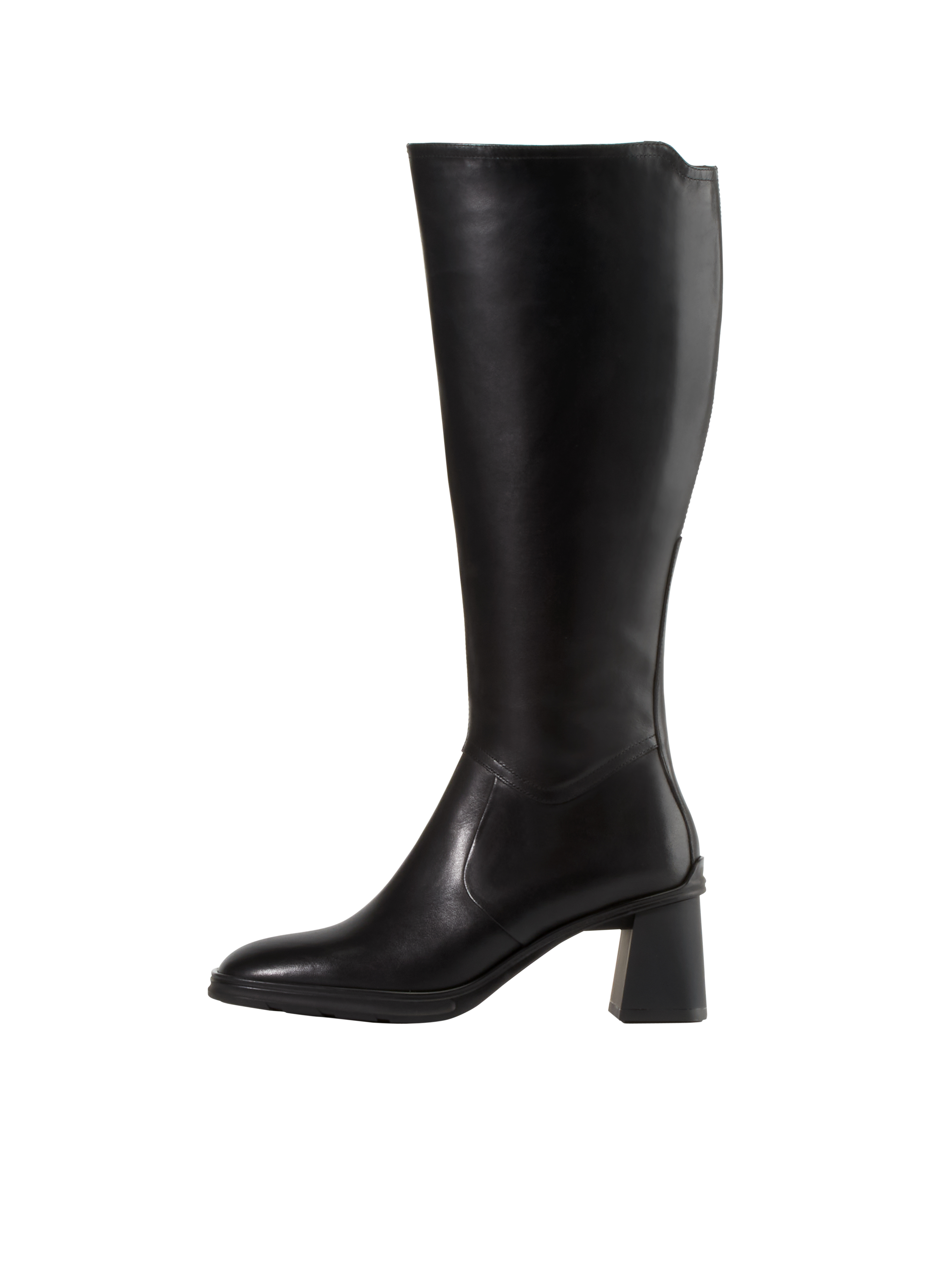 A knee high boot with chunky block heel and square toe