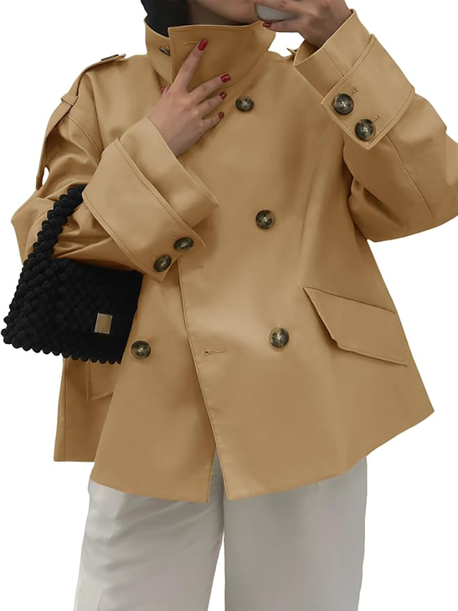 Tankaneo, Tankaneo Womens Short Trench Coat Oversized Double Breasted Stand Collar Cropped Jacket Fall Casual Work Outerwear