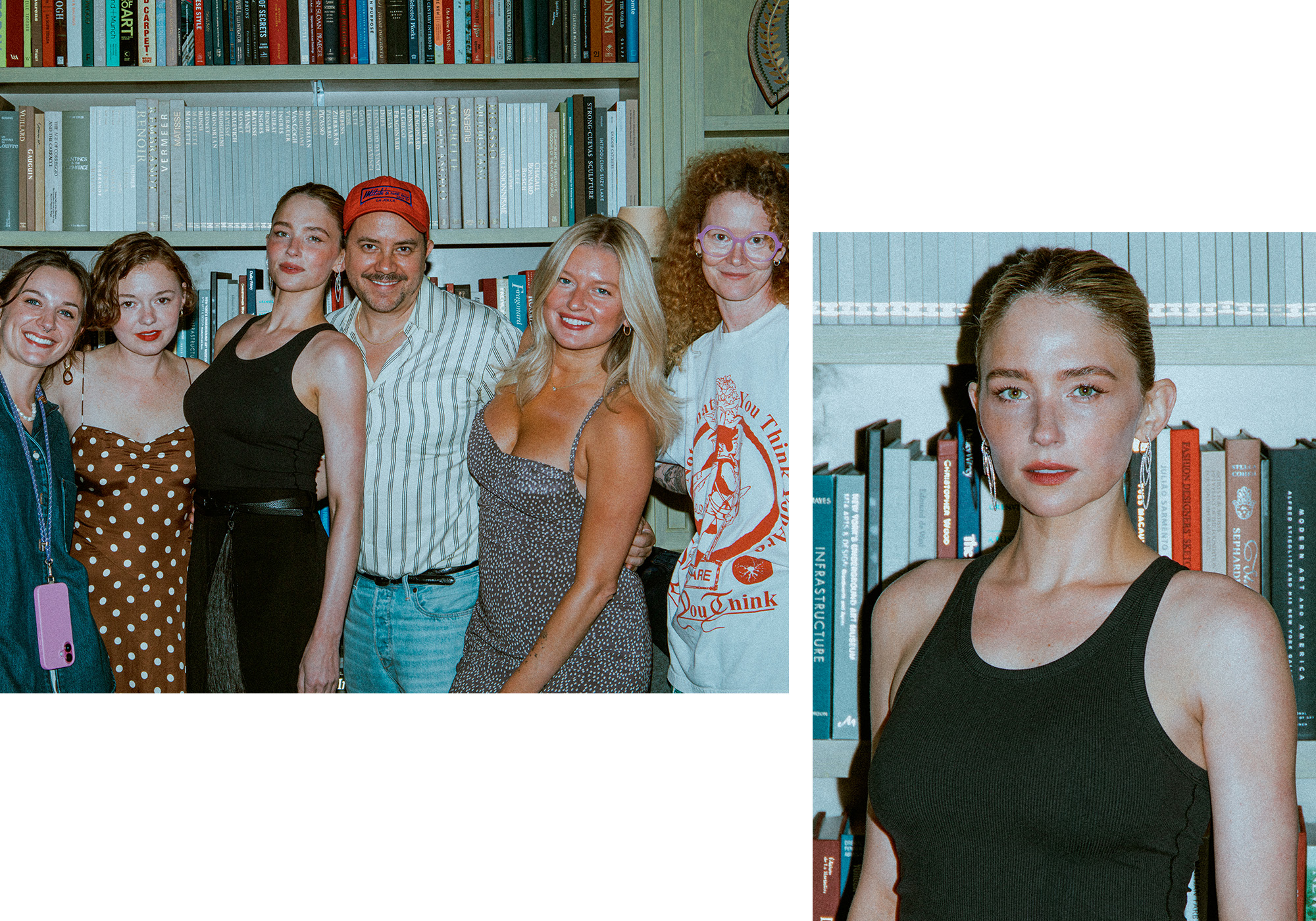 Left: Haley Bennett poses with her glam team before heading out to her premiere. Right: Haley Bennett in her premiere look, a black tank top and diamond earrings.