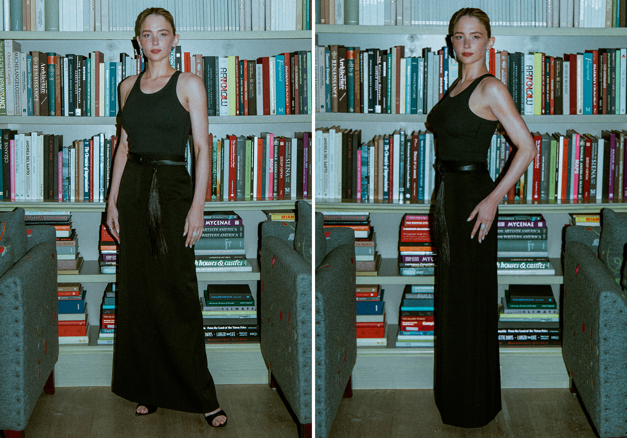 Haley Bennett poses in front of bookshelves wearing her final look for the NYC premiere of The Last Frontier. She is wearing a black tank top and black maxi skirt with a leather belt and horse hair detailing.