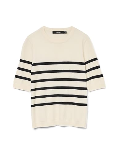 Vero Moda Women&#039;s Vmsaba Plain Ss O-Neck Pullover Ga Noos Sweater, Birch/stripes: W Black, M