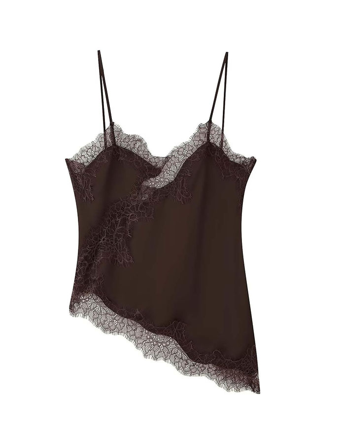 Women Lace Trim Spaghetti Strap Asymmetrical Cami Top Silk Satin Sheer Lace Slip Dress Flowy High Low Layering Blouse Going Out Camisole Tops