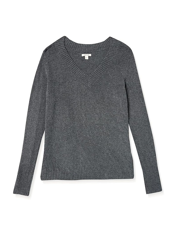 Goodthreads Women&#039;s Mid-Gauge Stretch V-Neck Sweater Sweater, -Charcoal Heather, Xl