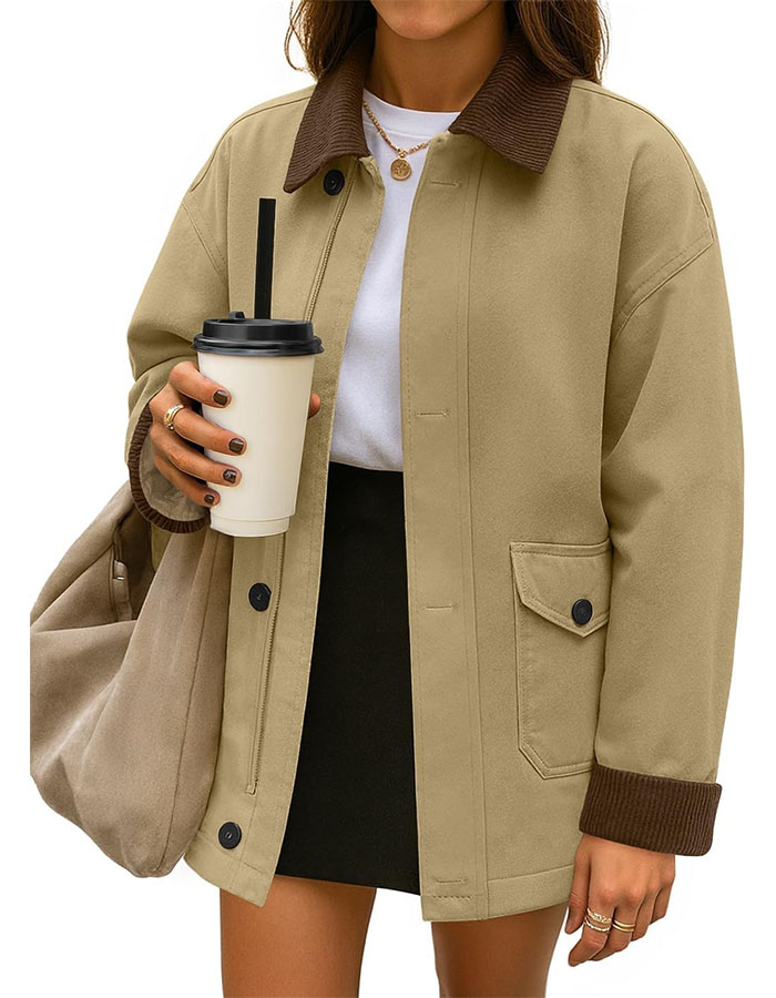 Zesica Women&#039;s Lightweight Trendy Jackets 2025 Fall Contrast Collar Button Down Cotton Oversized Casual Cargo Barn Jacket, Khaki, L