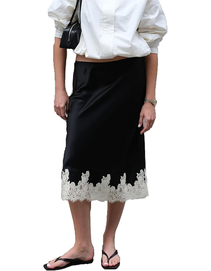 Women Satin Floral Lace Trim Maxi Skirts Flowy Swing Silky a Line Skirt Y2k Going Out Half Slip Long Skirts (a Black, S)