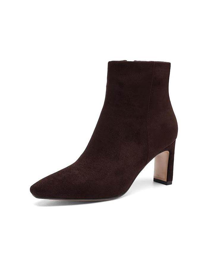 Chocolate Brown Suede Ankle Boots for Women Pointed Toe Chunky High Heeled Booties Dressy Fall Short Boots With Side Zipper