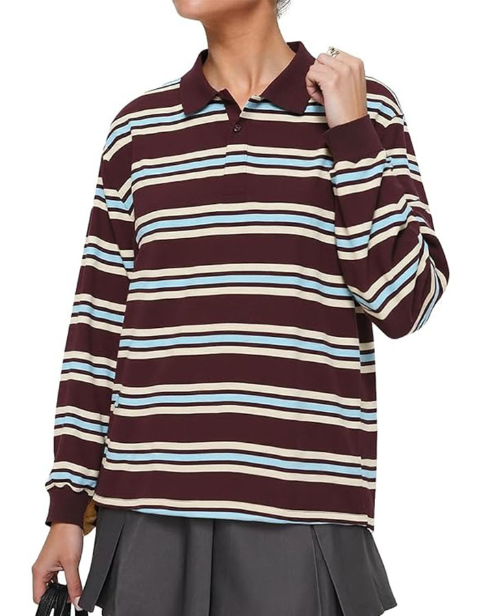 Cioatin Women Oversized Striped Button Up Polo T Shirt Vintage Long Sleeve Y2k Preppy Aesthetic Loose Tee Tops Fall Outfits Brown Blue