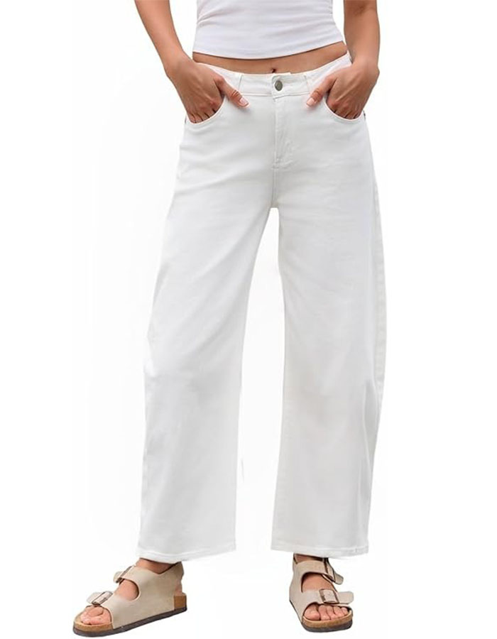 Peihot Barrel Jeans for Women Trendy Mid Rise Wide Leg Cropped Stretch Denim Trouser Ankle Pants Baggy Boyfriend Jeans White S