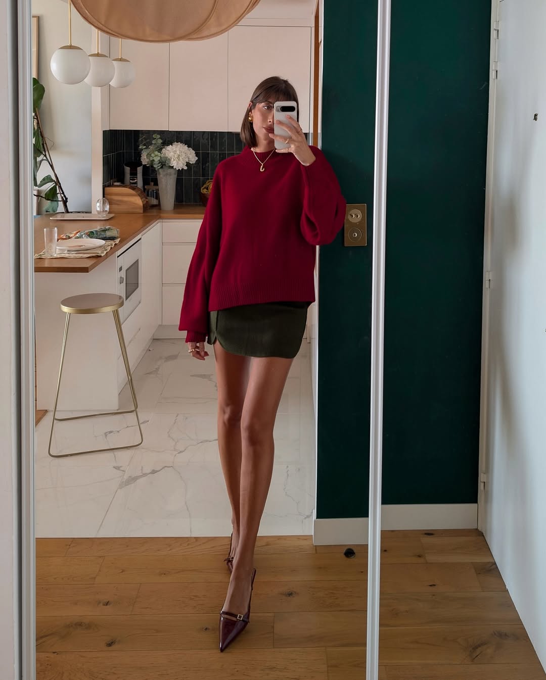 Red Jumper Outfits - Dark Red Jumper + Olive Mini Skirt