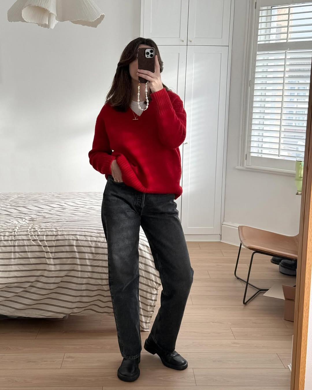 Red Jumper Outfits - V-Neck Jumper + Straight-Leg Jeans + Boots