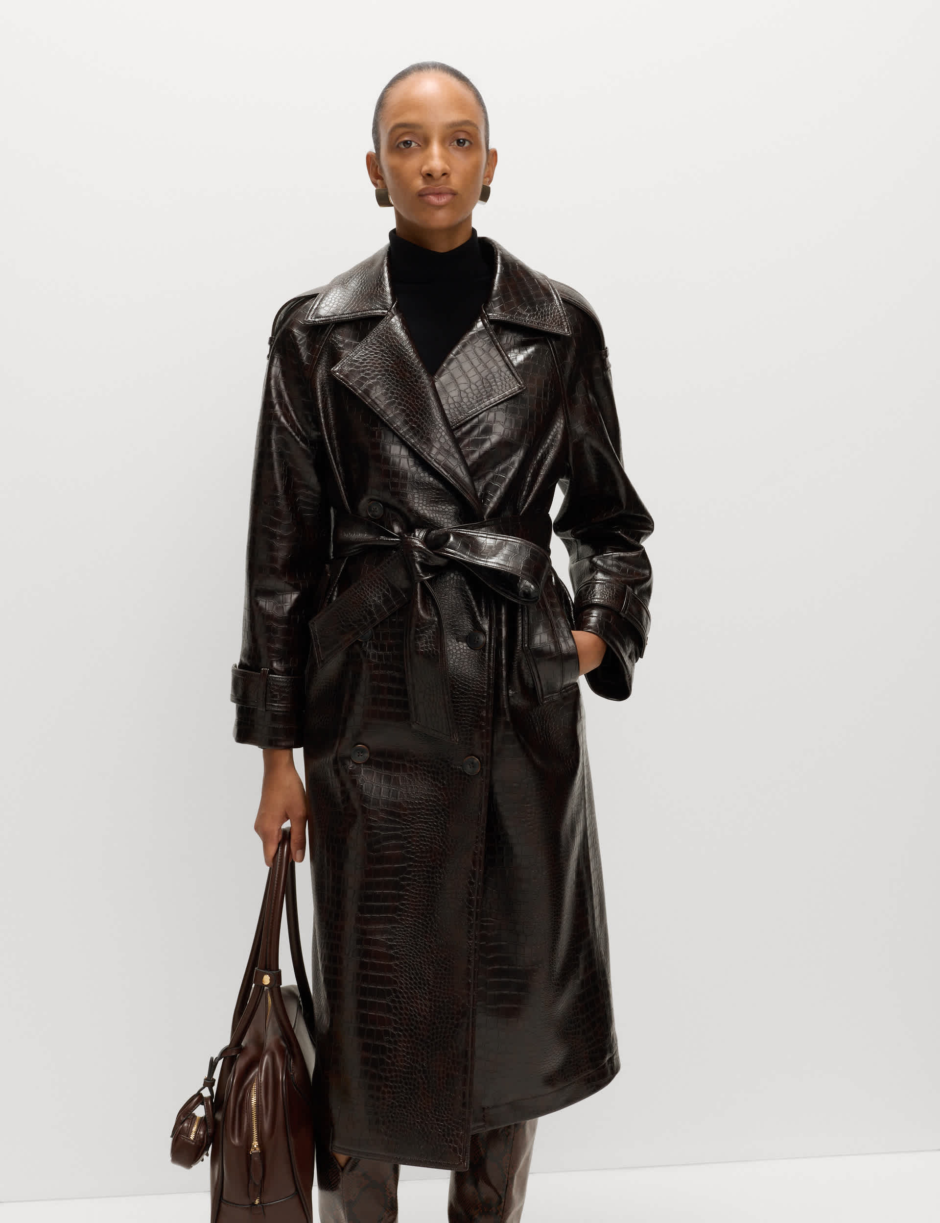 Croc Faux Leather Belted Longline Trench Coat