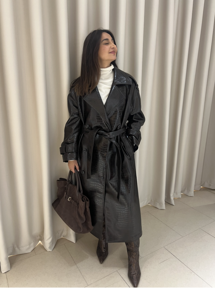 Senior Shopping Editor Marina wearing croc trench coat