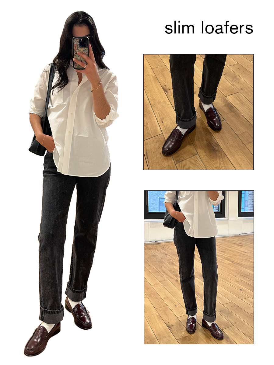 Collage of WWW editor Josephine Hadjiloucas in fall shoe outfits. She is wearing a pair of loafers from G.H.Bass.