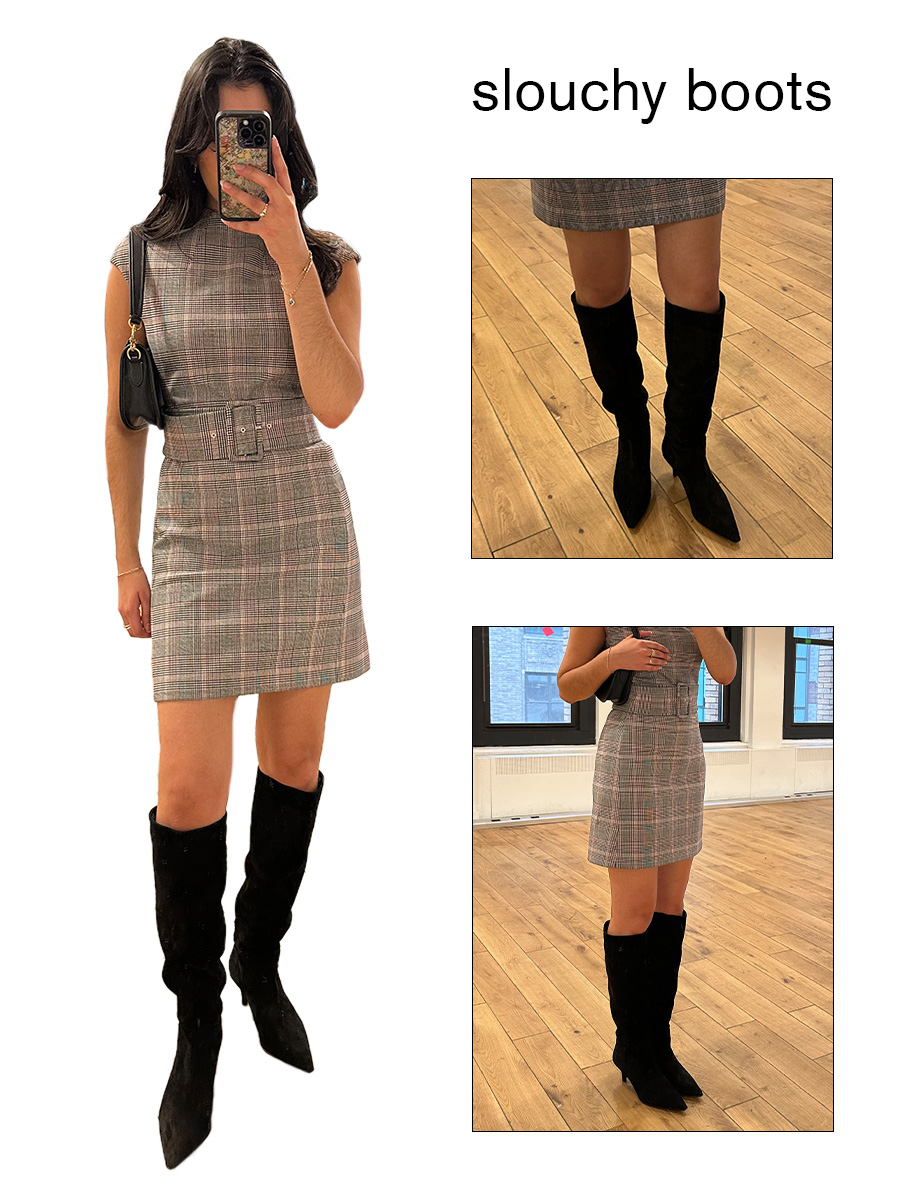 Collage of WWW editor Josephine Hadjiloucas in fall shoe outfits. She is wearing a pair of black boots from J.Crew.
