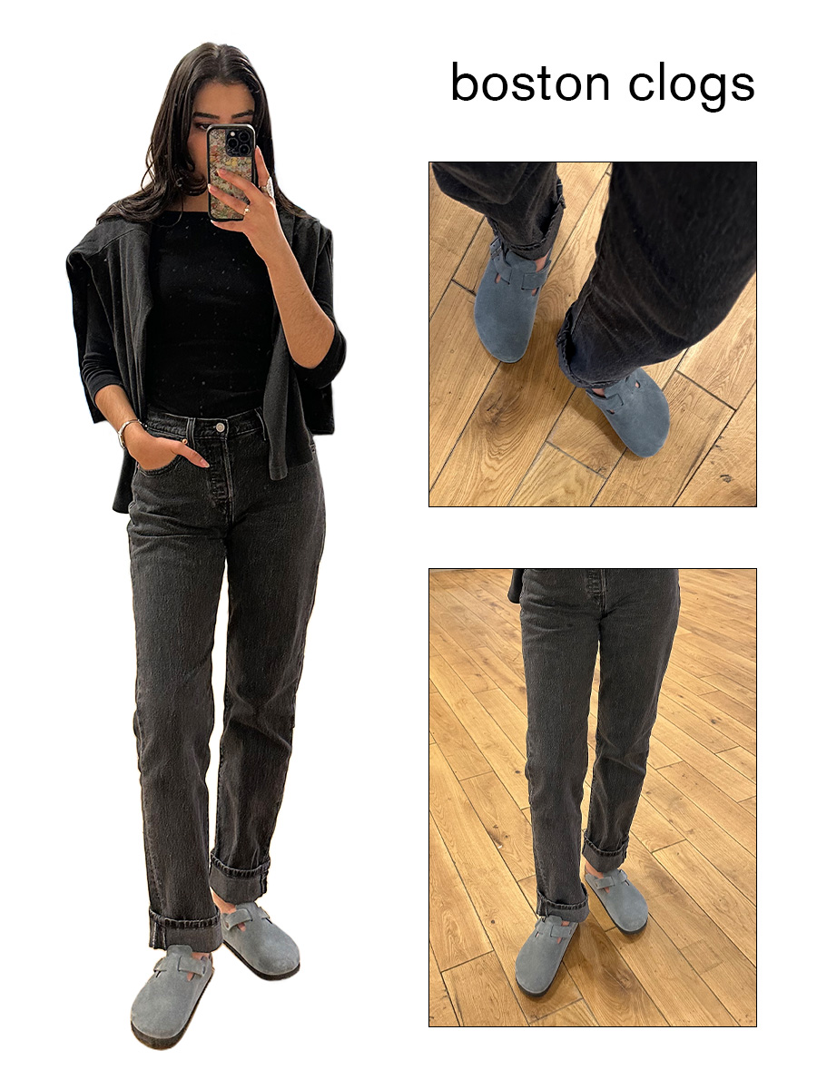 Collage of WWW editor Josephine Hadjiloucas in fall shoe outfits. She is wearing a pair of Boston Clogs from Birkenstock.