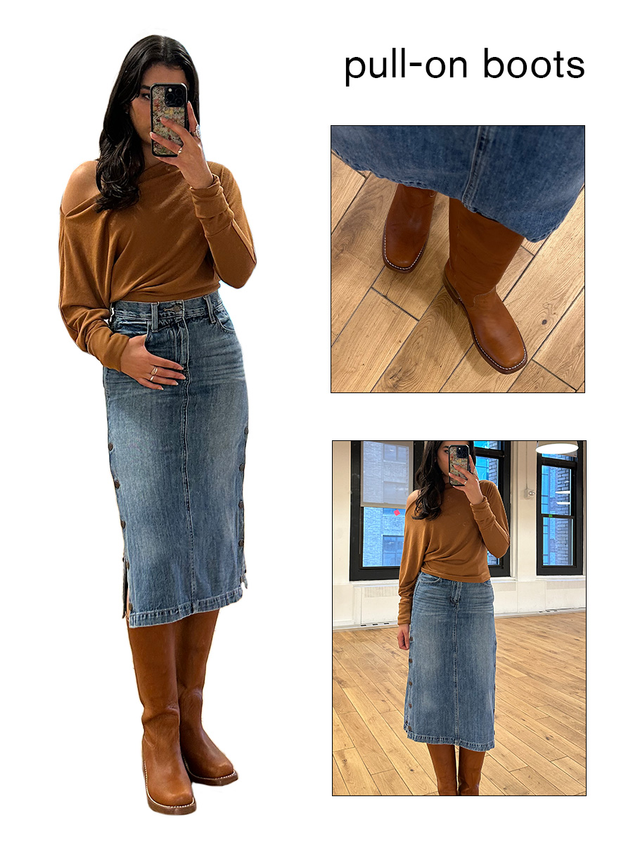 Collage of WWW editor Josephine Hadjiloucas in fall shoe outfits. She is wearing a pair of Frye Campus boots.