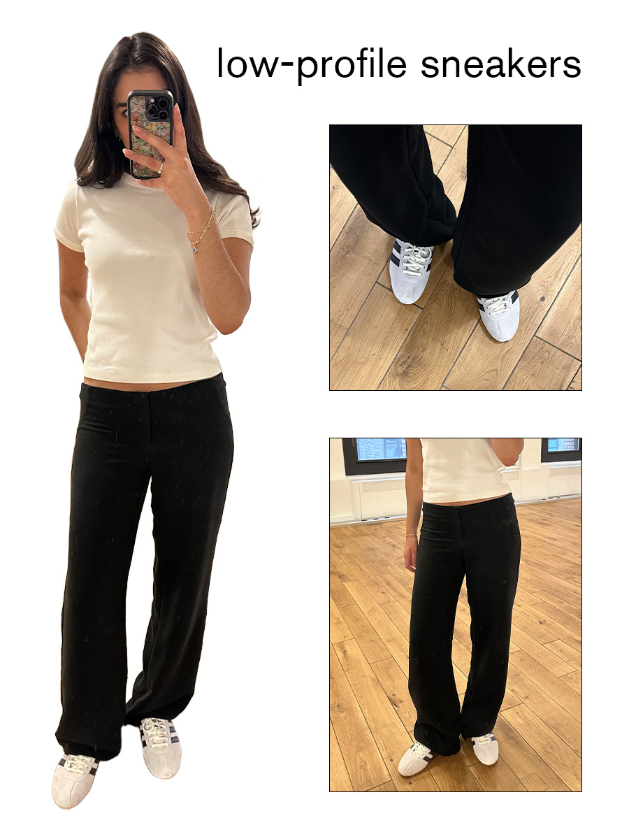 Collage of WWW editor Josephine Hadjiloucas in fall shoe outfits. She is wearing a pair of Adidas Tokyo Sneakers.