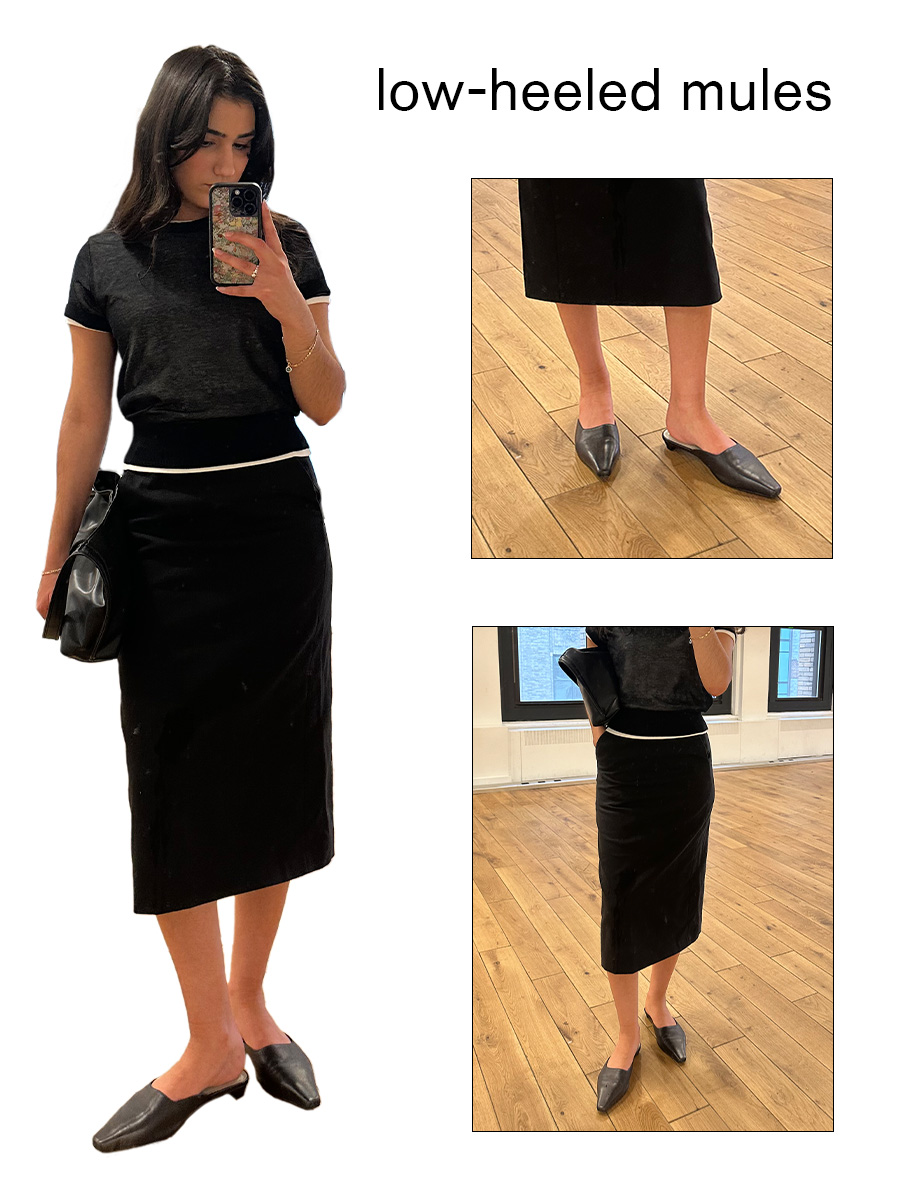 Collage of WWW editor Josephine Hadjiloucas in fall shoe outfits. She is wearing a pair of black leather mules from Seychelles.