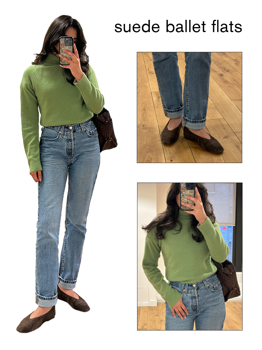 Collage of WWW editor Josephine Hadjiloucas in fall shoe outfits. She is wearing a pair of Madewell brown suede flats.