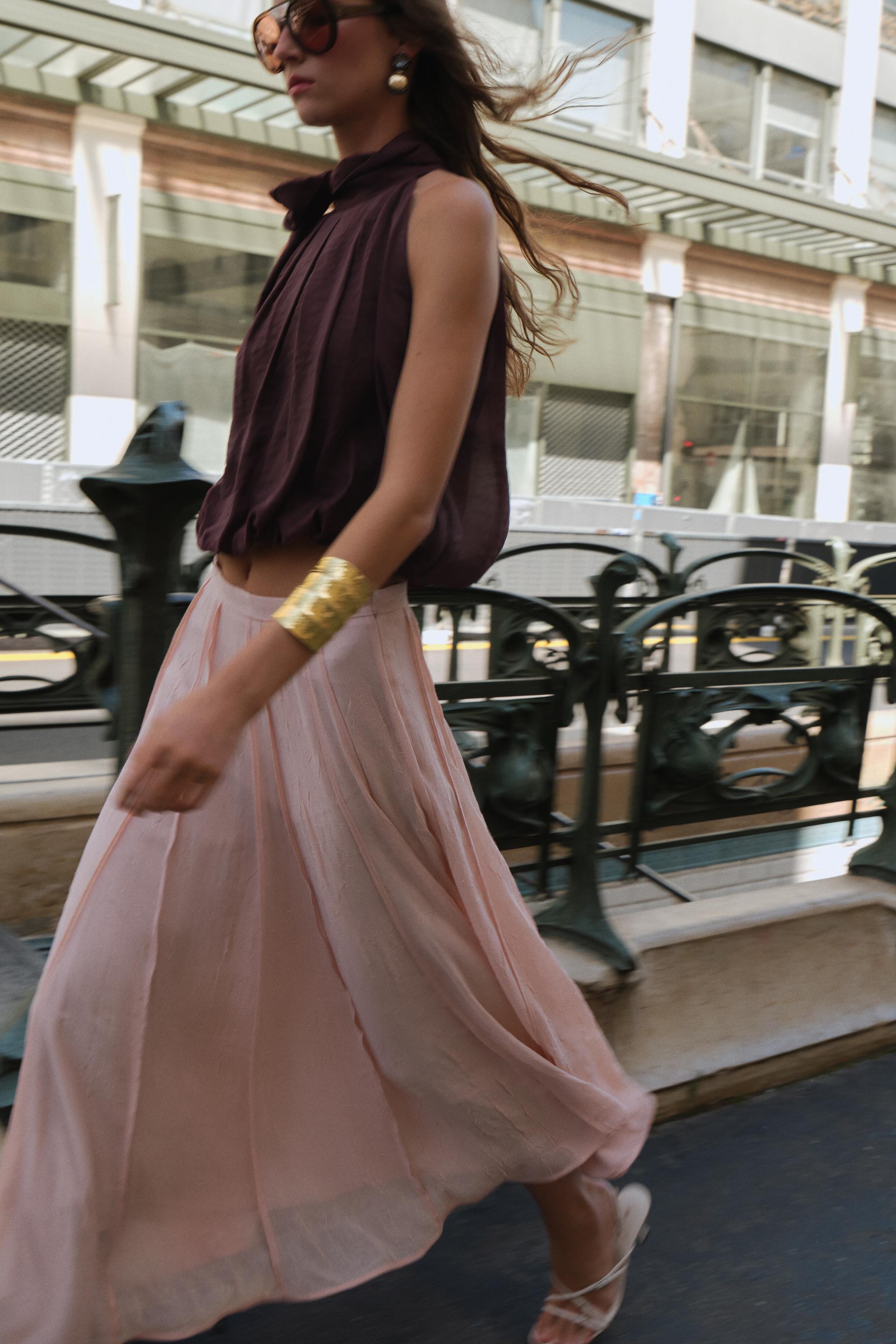 Semi-Sheer Topstitched Midi Skirt