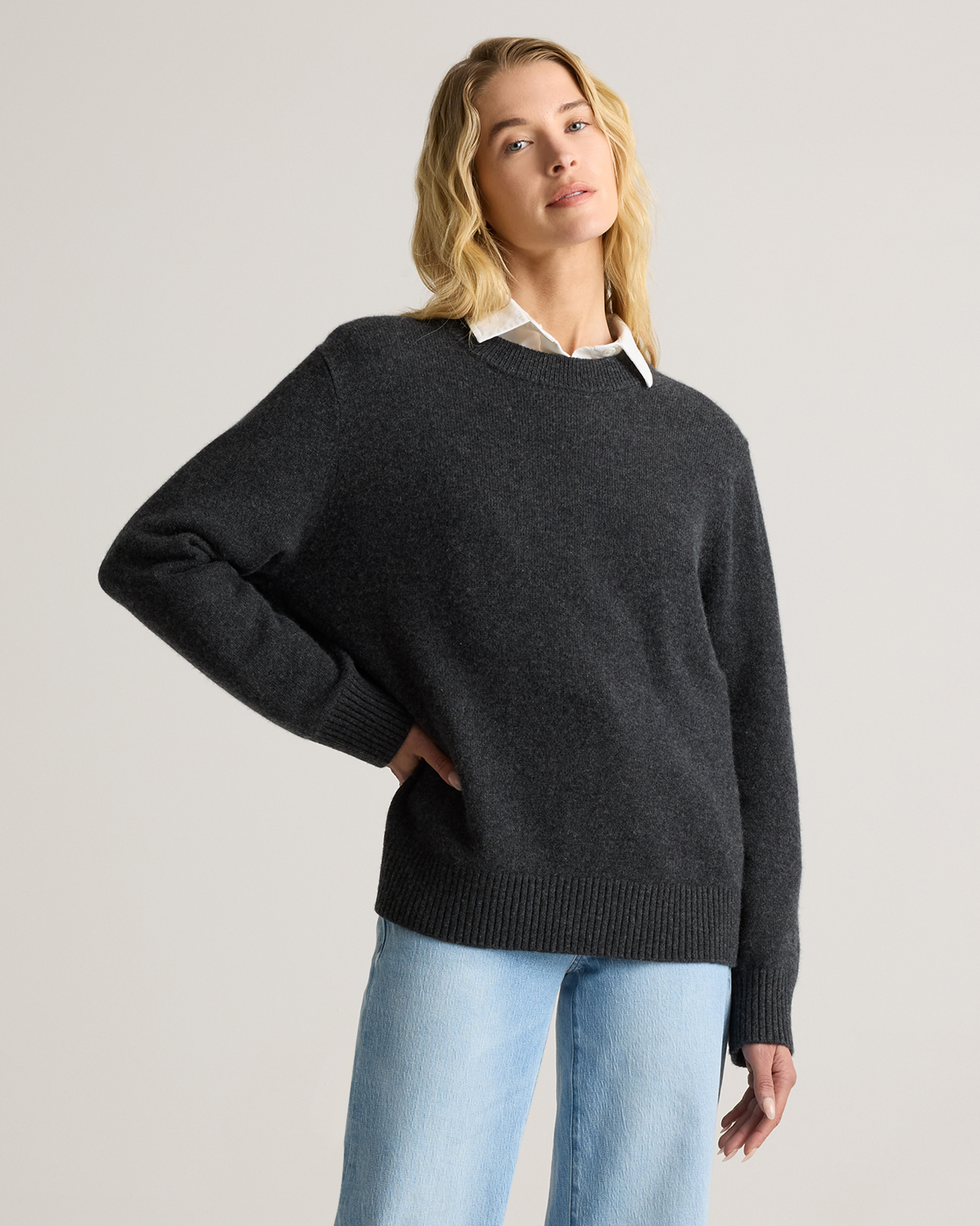 Mongolian Cashmere Oversized Crewneck Sweater in Faded Denim