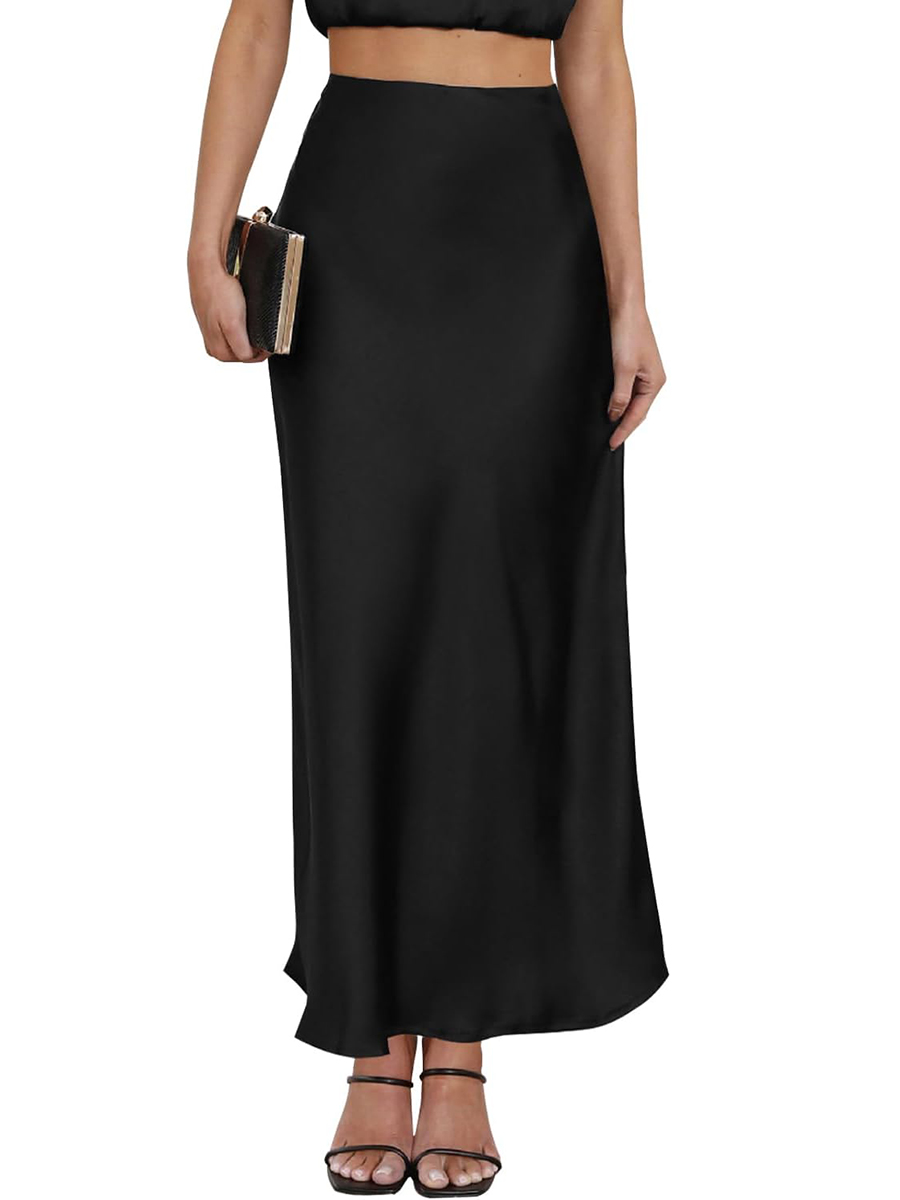 TEDDIFY, Women&#039;s Leopard Print Satin Maxi Skirt High Waisted Elastic Waistband Silk A-Line Casual Party 2025 Summer Long Skirts, Medium, Black