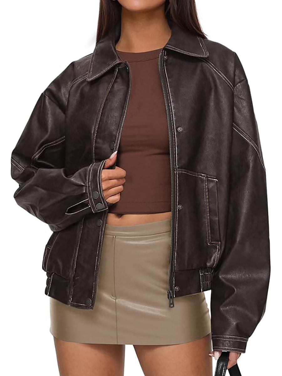 PRETTYGARDEN, Faux Leather Bomber Jacket