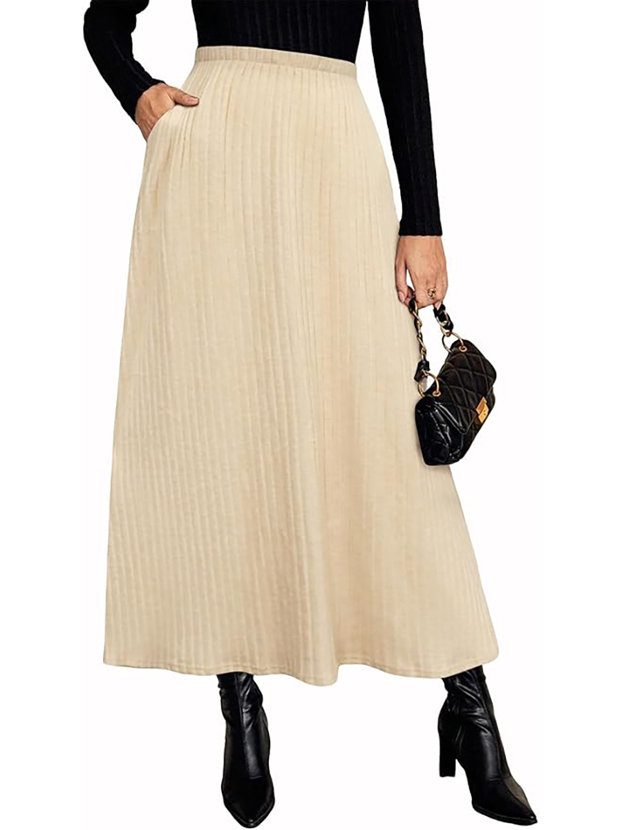 Herou, Herou Women&#039;s Ribbed Sweater Winter Skirt Warm Elastic Waist Maxi Skirts Casual Knitted Long Skirts With Pocket for Women Apricot Small