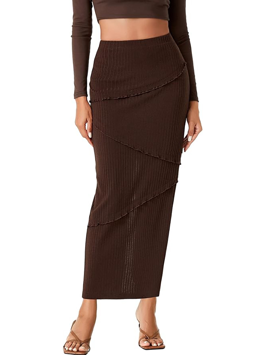 Rooscier, Rooscier Women&#039;s High Waisted Ribbed Knit Bodycon Long Pencil Skirt With Back Split Dark Brown Medium